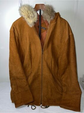 Vintage Leather Hooded Jacket with Fur Trim - Brown